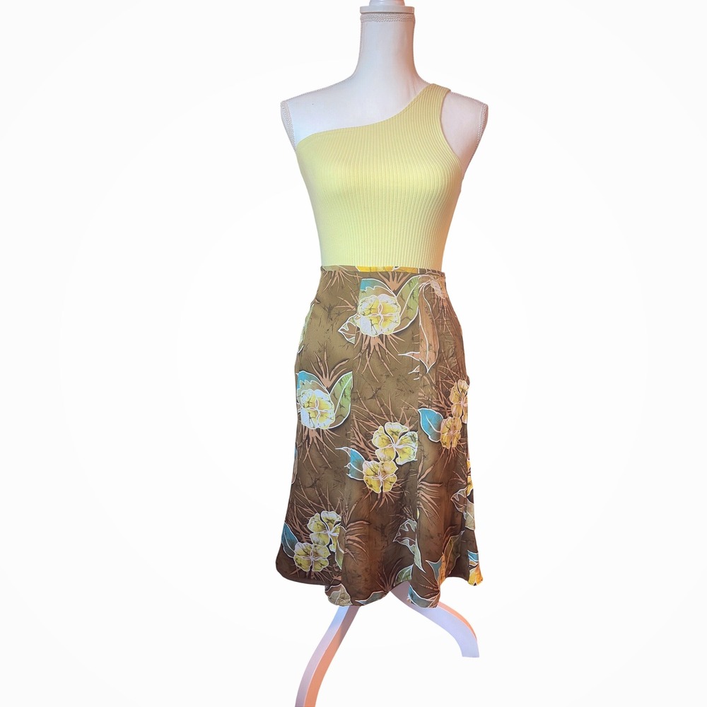 Vintage Peck & Peck Silk Wrap‎ Skirt Green Tropical Floral Y2K Midi Petite